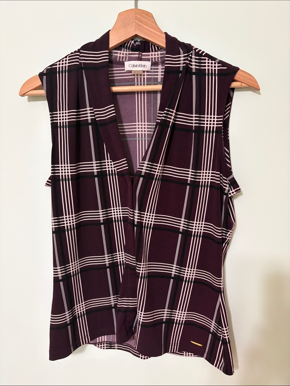 Calvin Klein Sleeveless Plaid V-Neck Camisole in Plum and White